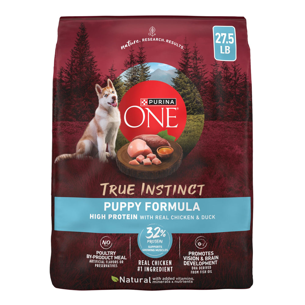 Purina ONE vue avant du sac 27,5 lb montrant la formule puppy et bénéfice nutritionnel