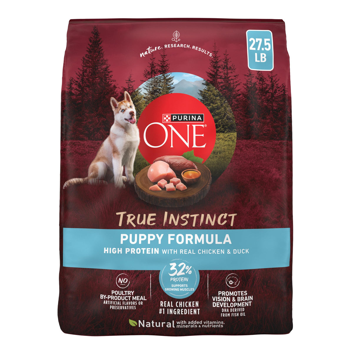 Purina ONE vue avant du sac 27,5 lb montrant la formule puppy et bénéfice nutritionnel