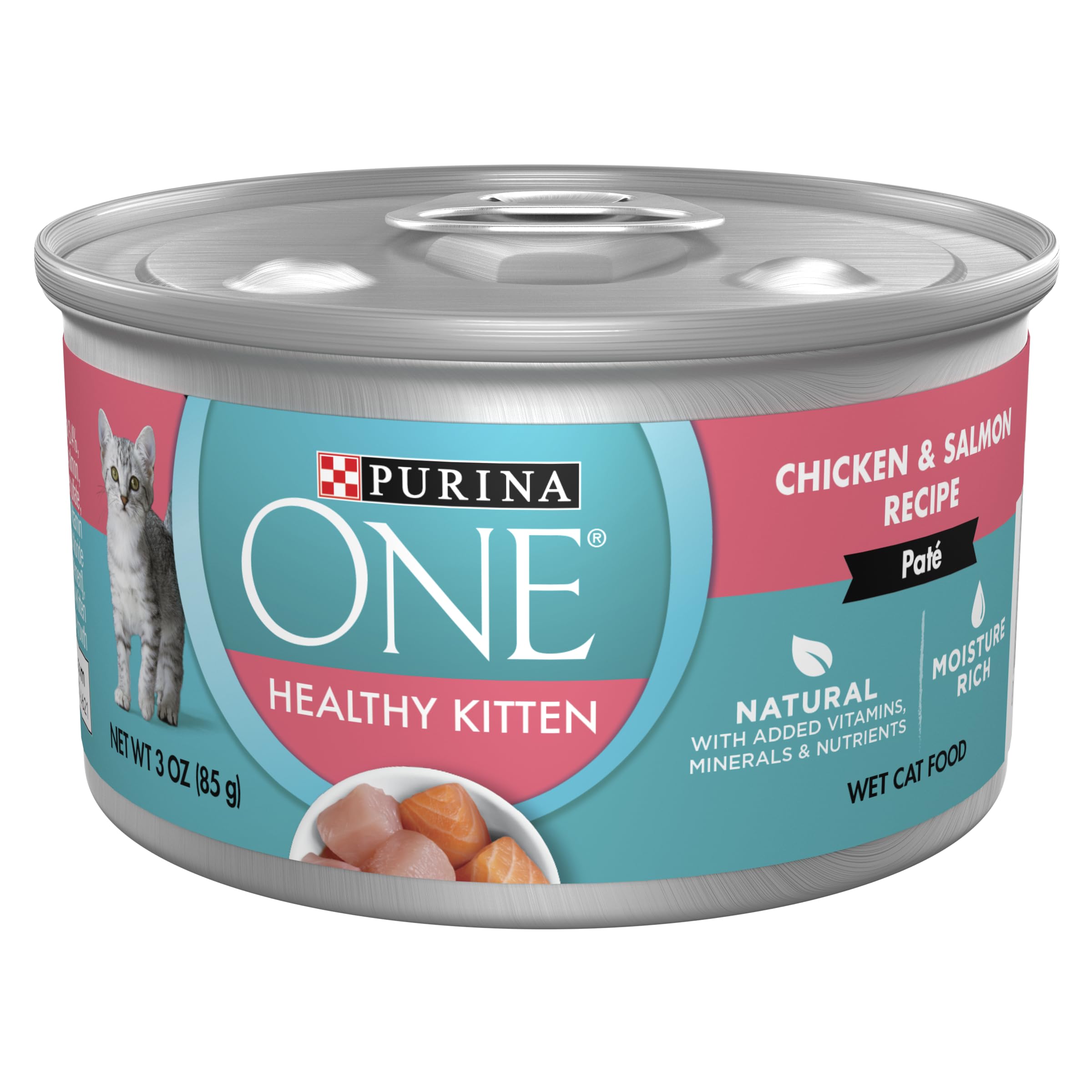 Purina ONE emballage avant montrant recette poulet saumon pour confiance