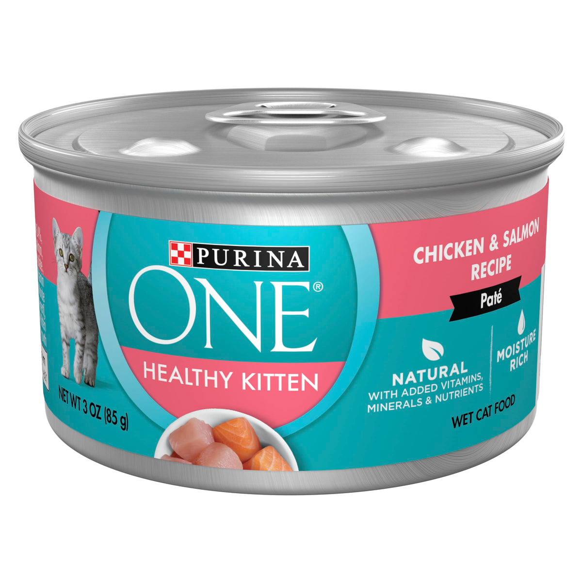 Purina ONE emballage avant montrant recette poulet saumon pour confiance