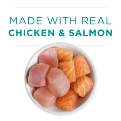 Purina ONE ingrédients poulet et saumon illustrant haute teneur en protéines