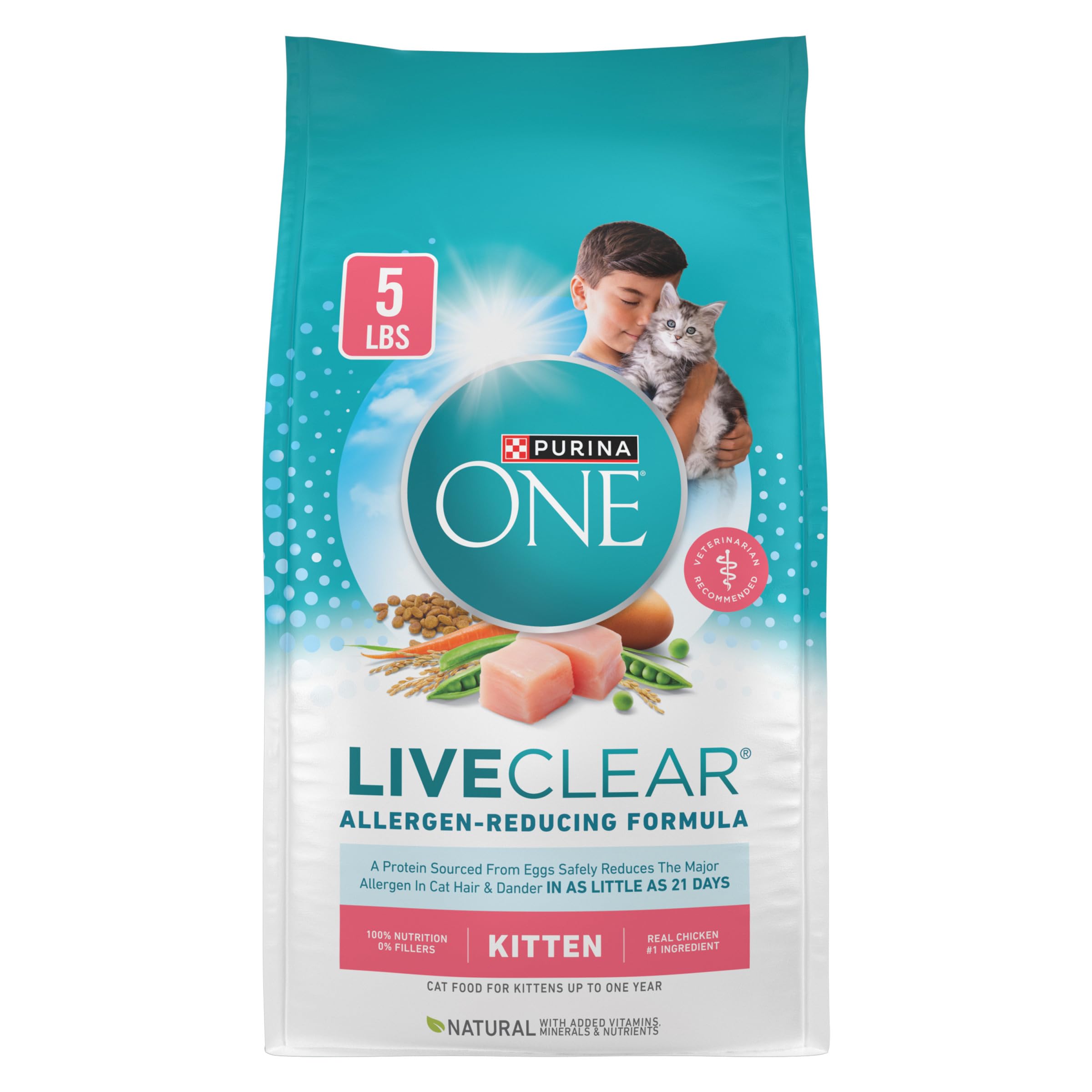 Purina ONE sachet avant montrant le format 5 lb et indication d'allergène réduit