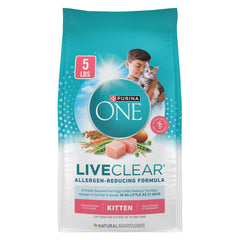 Purina ONE sachet avant montrant le format 5 lb et indication d'allergène réduit