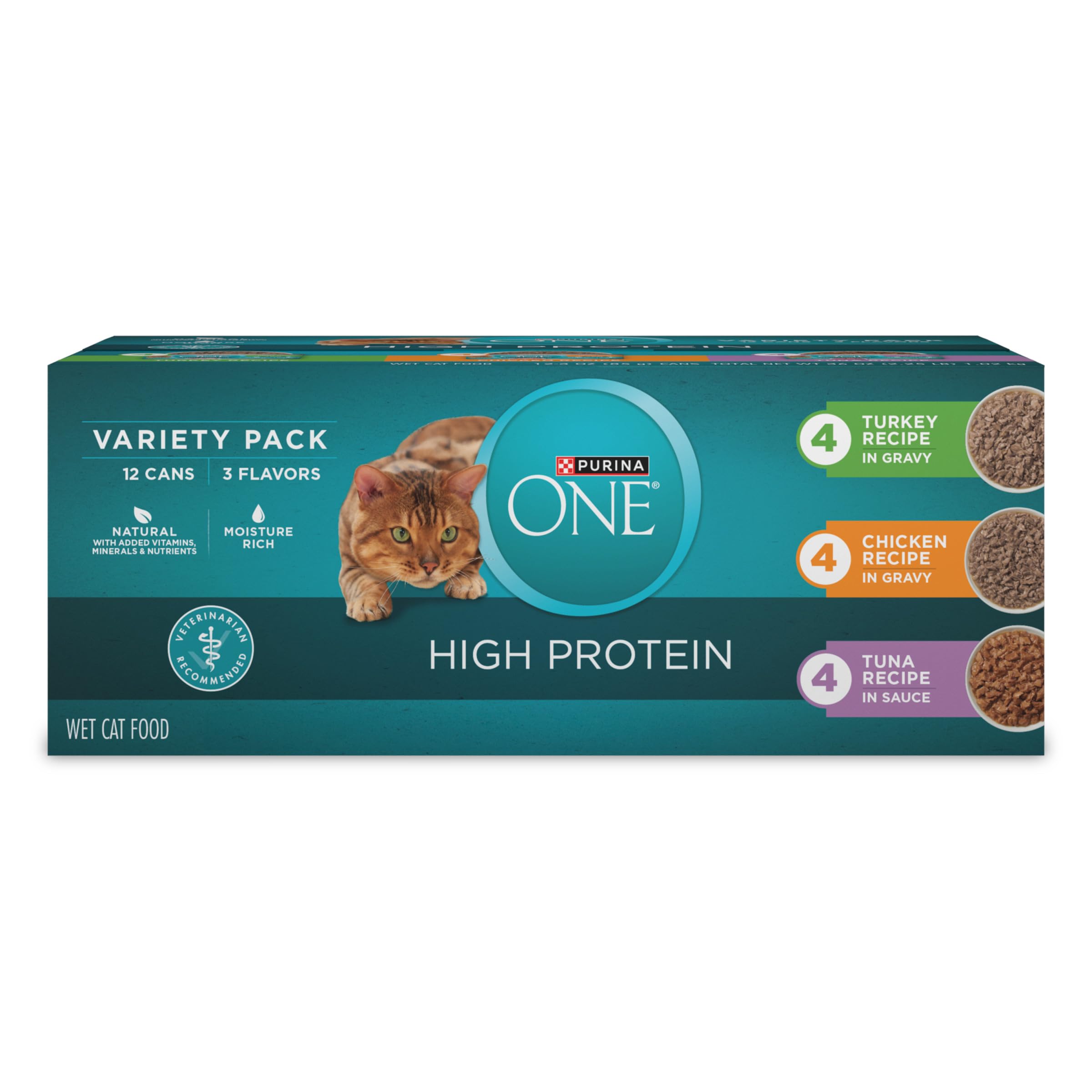 Purina ONE pack 24 boîtes face montrant variété et praticité pour foyers