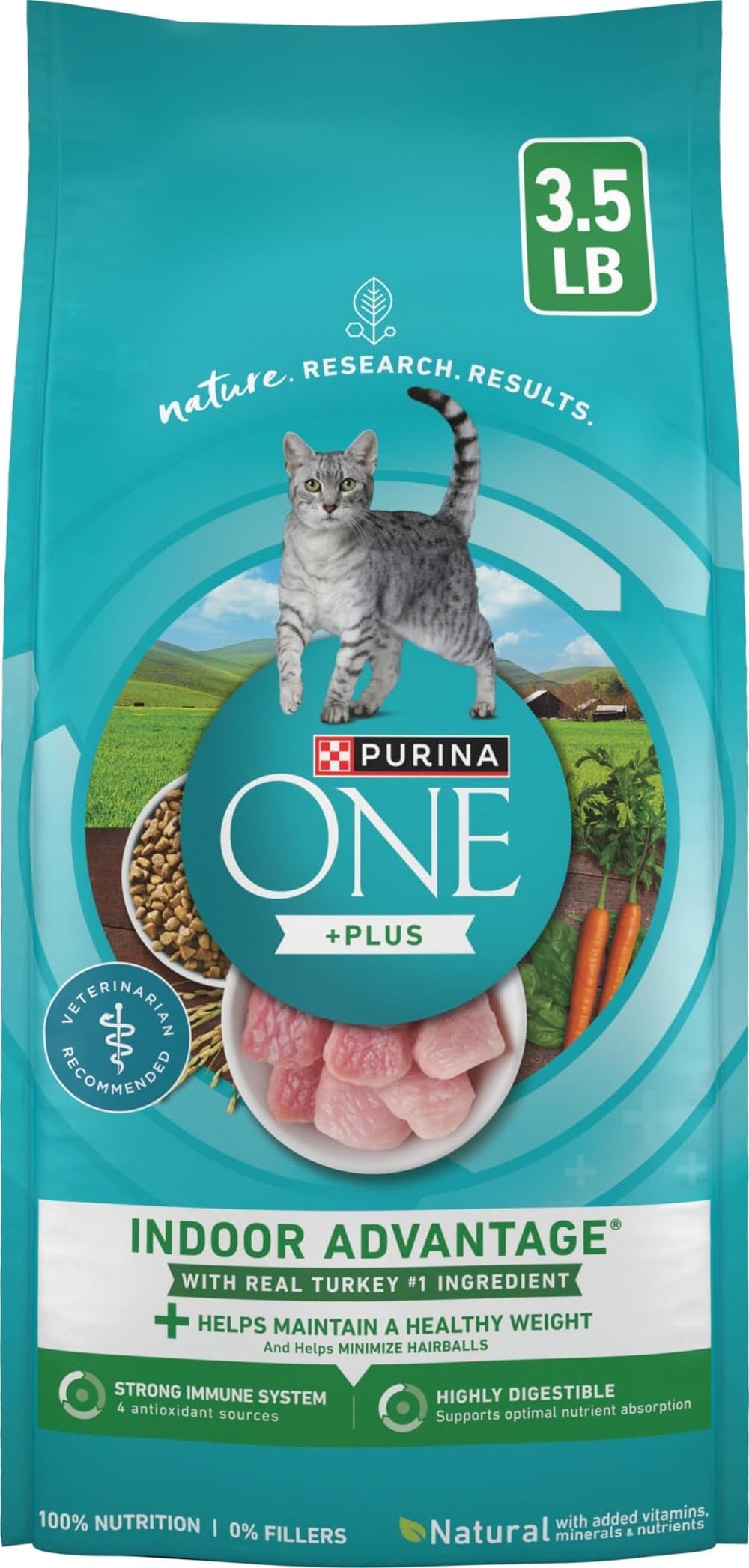 Purina ONE emballage avant montrant formulation pour chats d'intérieur et contrôle du poids