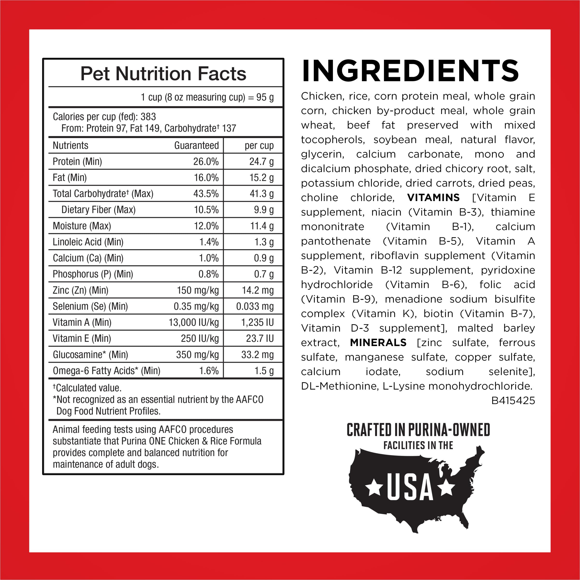 Purina ONE étiquette nutritionnelle visible pour transparence ingrédients et vitamines