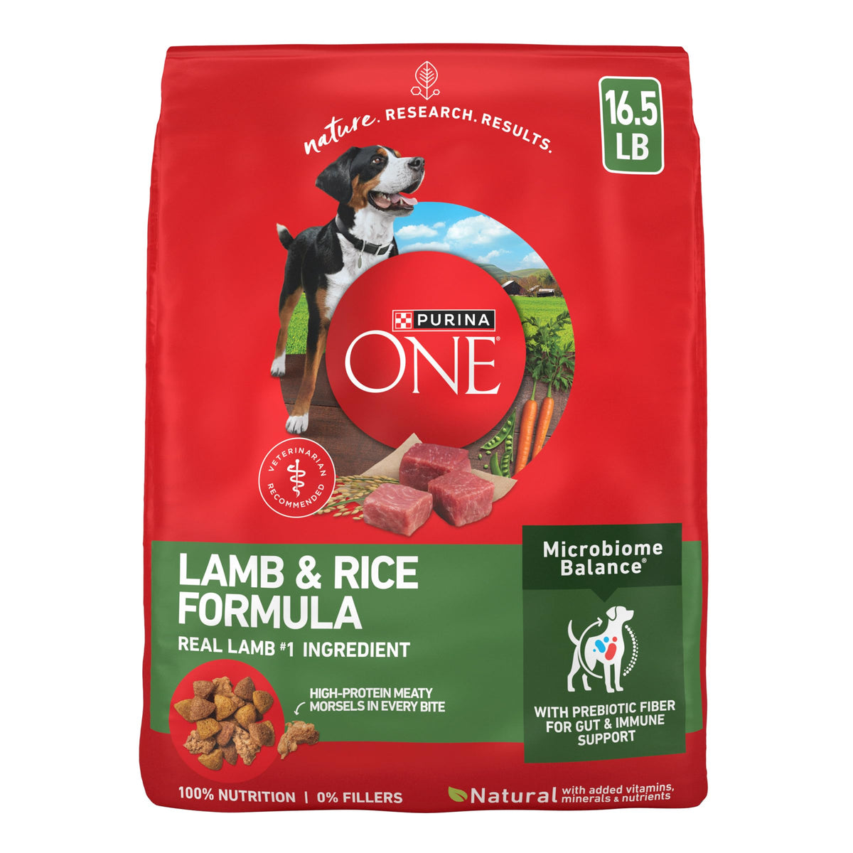 Purina ONE sac avant montrant la recette agneau et riz et nutrition complète