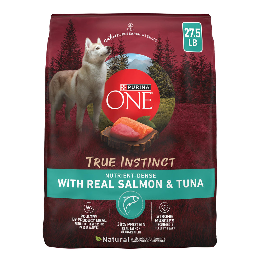 Purina ONE sac devant montrant saumon et thon, bénéfice appétence élevée