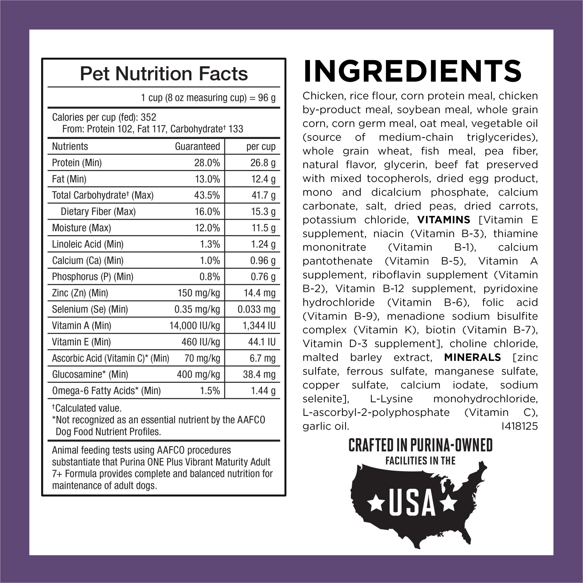 Purina ONE étiquette glucosamine indiquant soutien articulaire naturel