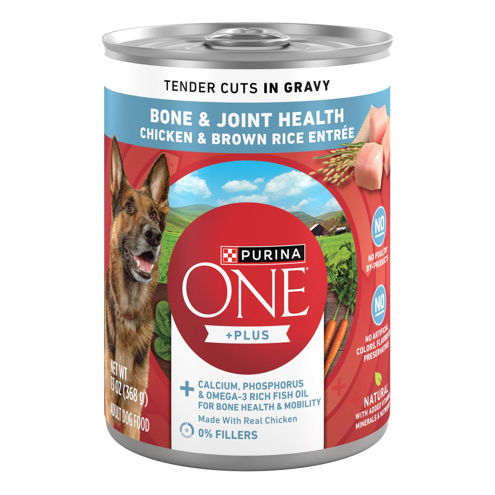 Purina ONE face de boîte montrant formule pour os et articulations bénéfique