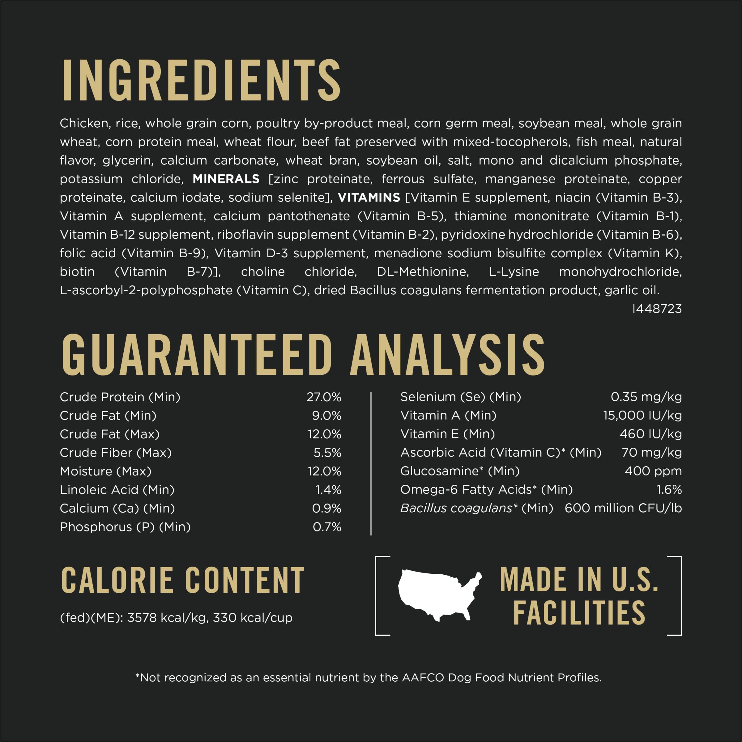 Purina Pro Plan verso du sac avec étiquette ingrédients et informations nutritionnelles claires