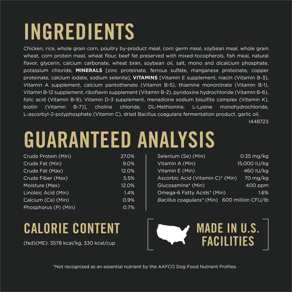 Purina Pro Plan verso du sac avec étiquette ingrédients et informations nutritionnelles claires