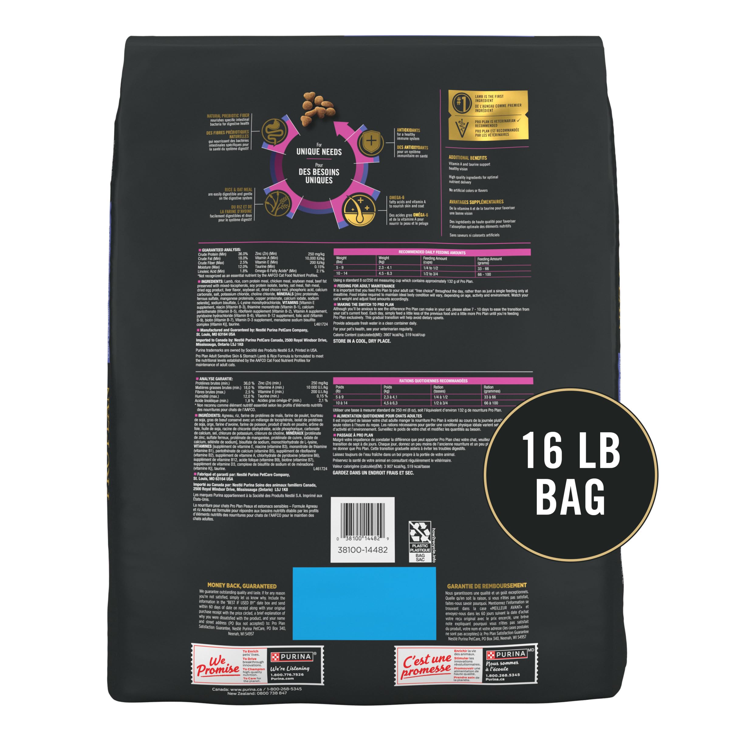 Purina Pro Plan emballage angle arrière présentant informations nutritionnelles