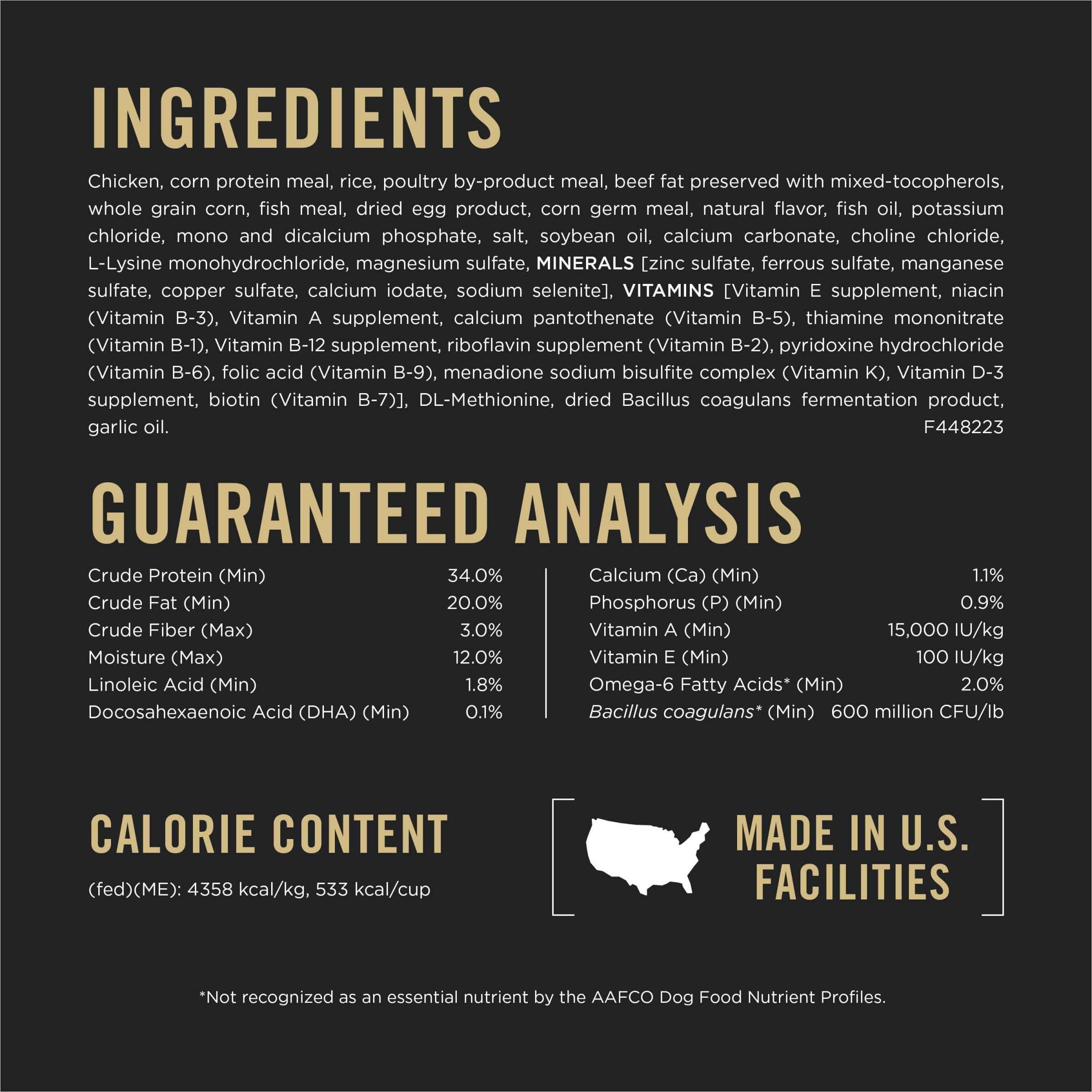 Purina Pro Plan emballage arrière avec informations nutritionnelles claires