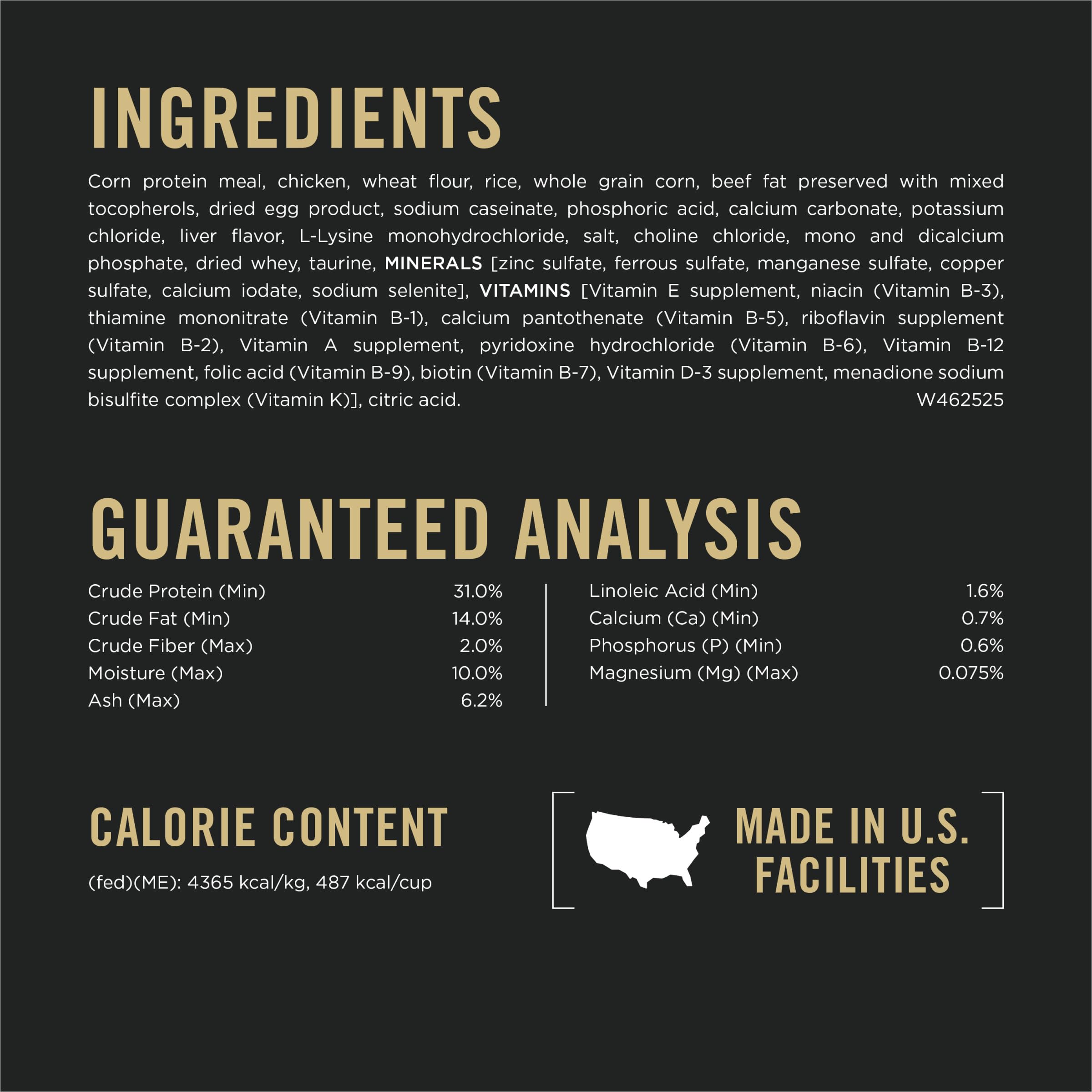 Purina Pro Plan étiquette nutrition qui indique taurine et éléments essentiels