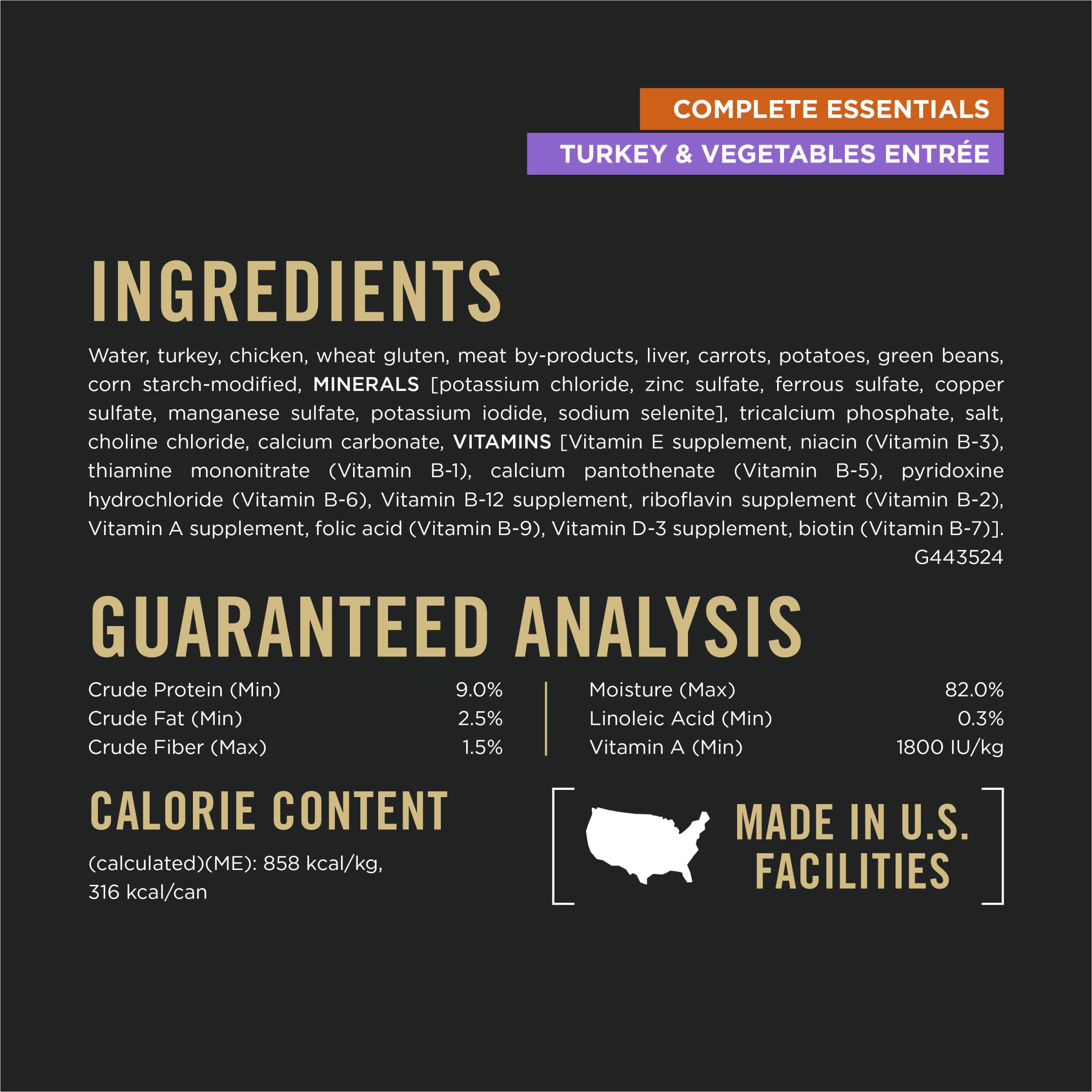 Purina Pro Plan étiquette nutritionnelle indiquant 23 vitamines et minéraux