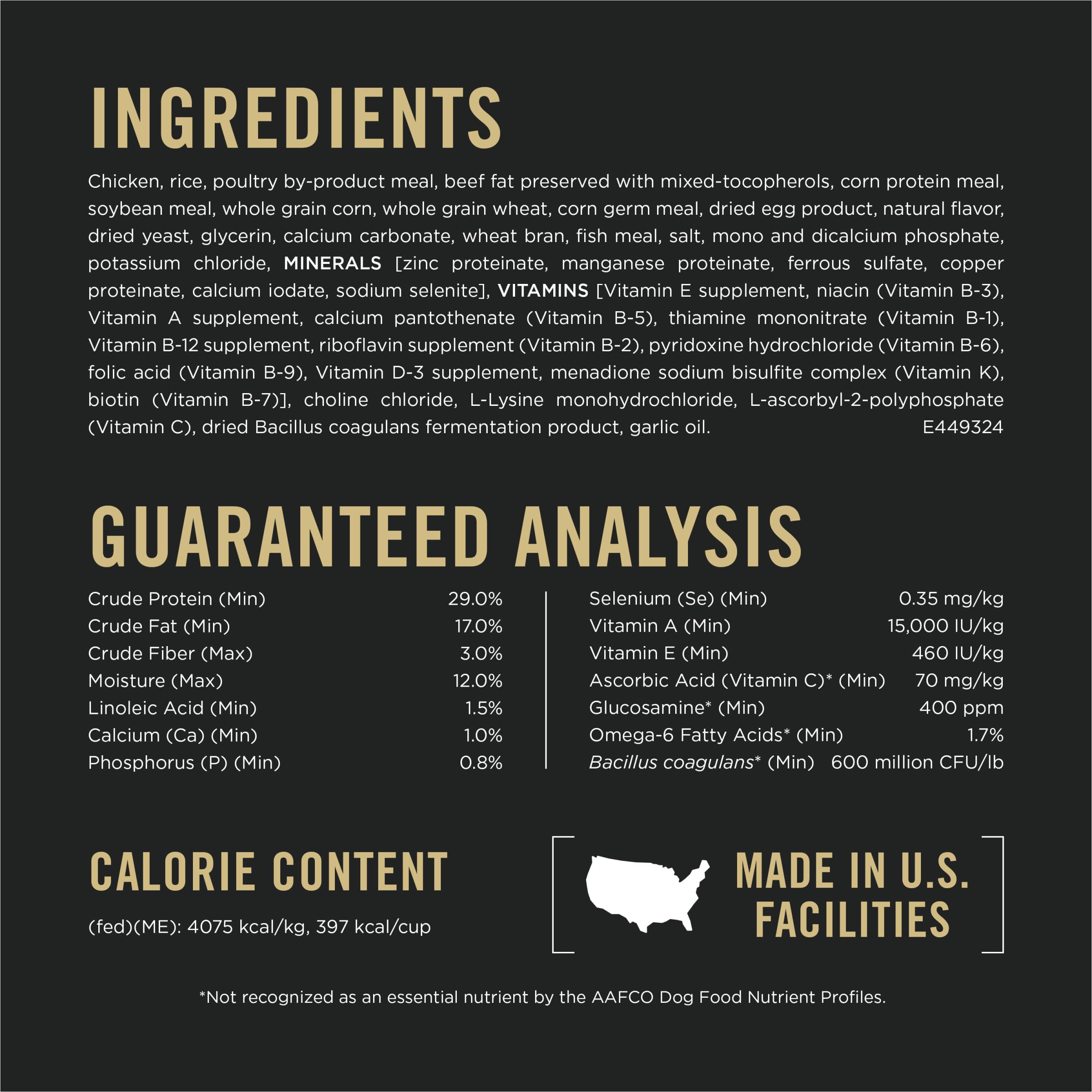 Purina Pro Plan étiquette nutritionnelle montrant protéines et probiotiques
