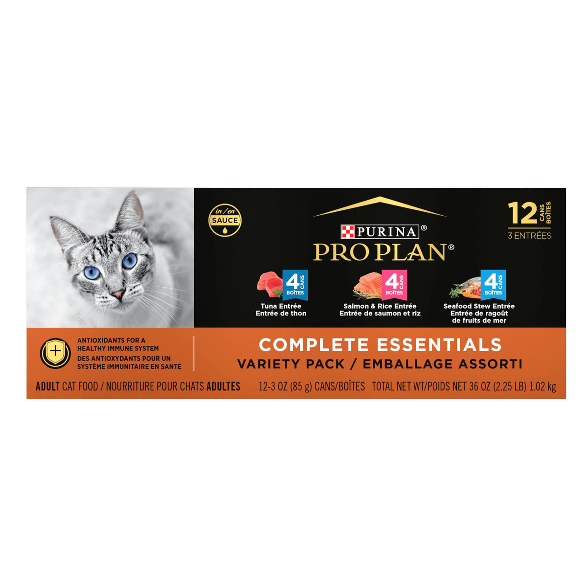 Purina Pro Plan face avant du pack montrant variétés et avantages