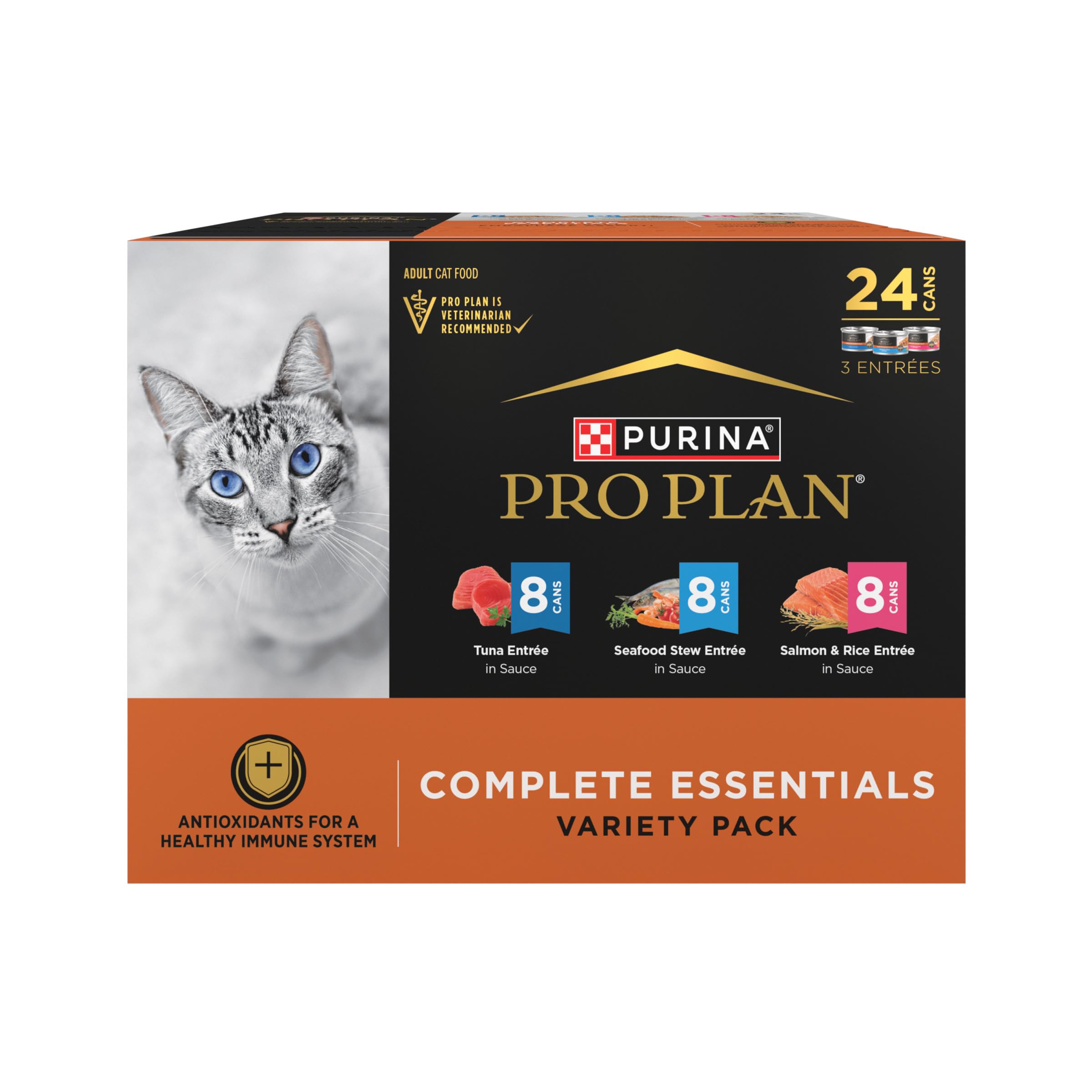 Purina Pro Plan face de la boîte pack fruits de mer montrant variété et quantités