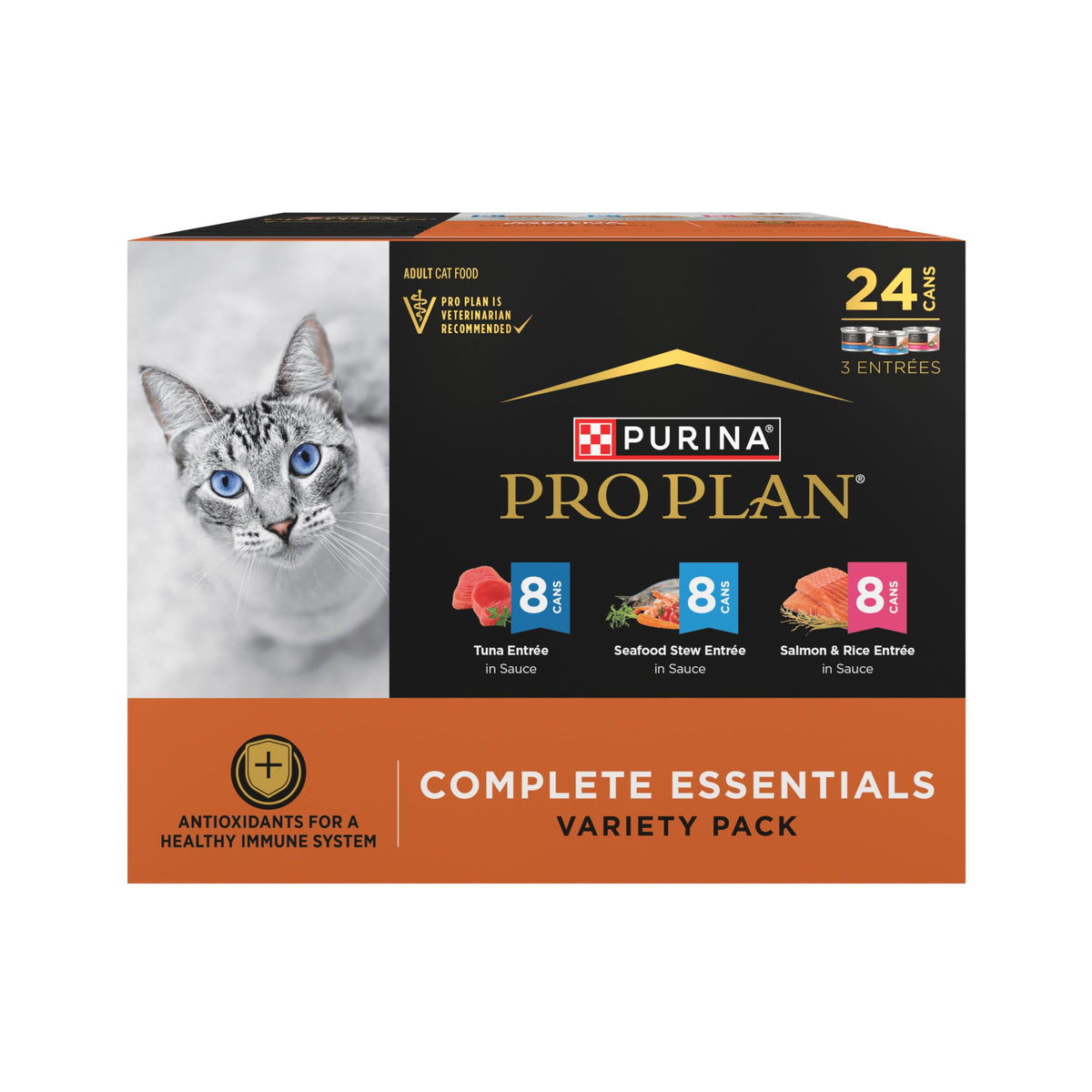 Purina Pro Plan face de la boîte pack fruits de mer montrant variété et quantités