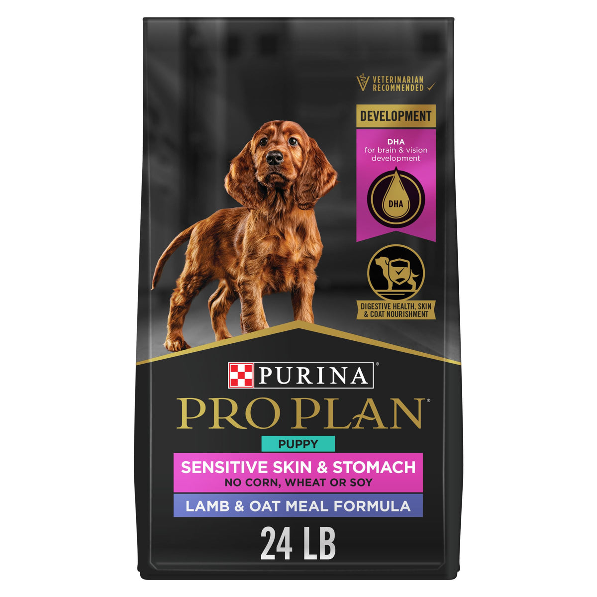 Purina Pro Plan emballage 24 lb montrant formulation complète et bénéfice digestion
