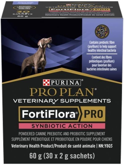 Purina Pro Plan Fortiflora PRO emballage avant montrant sachets, facilitant administration quotidienne