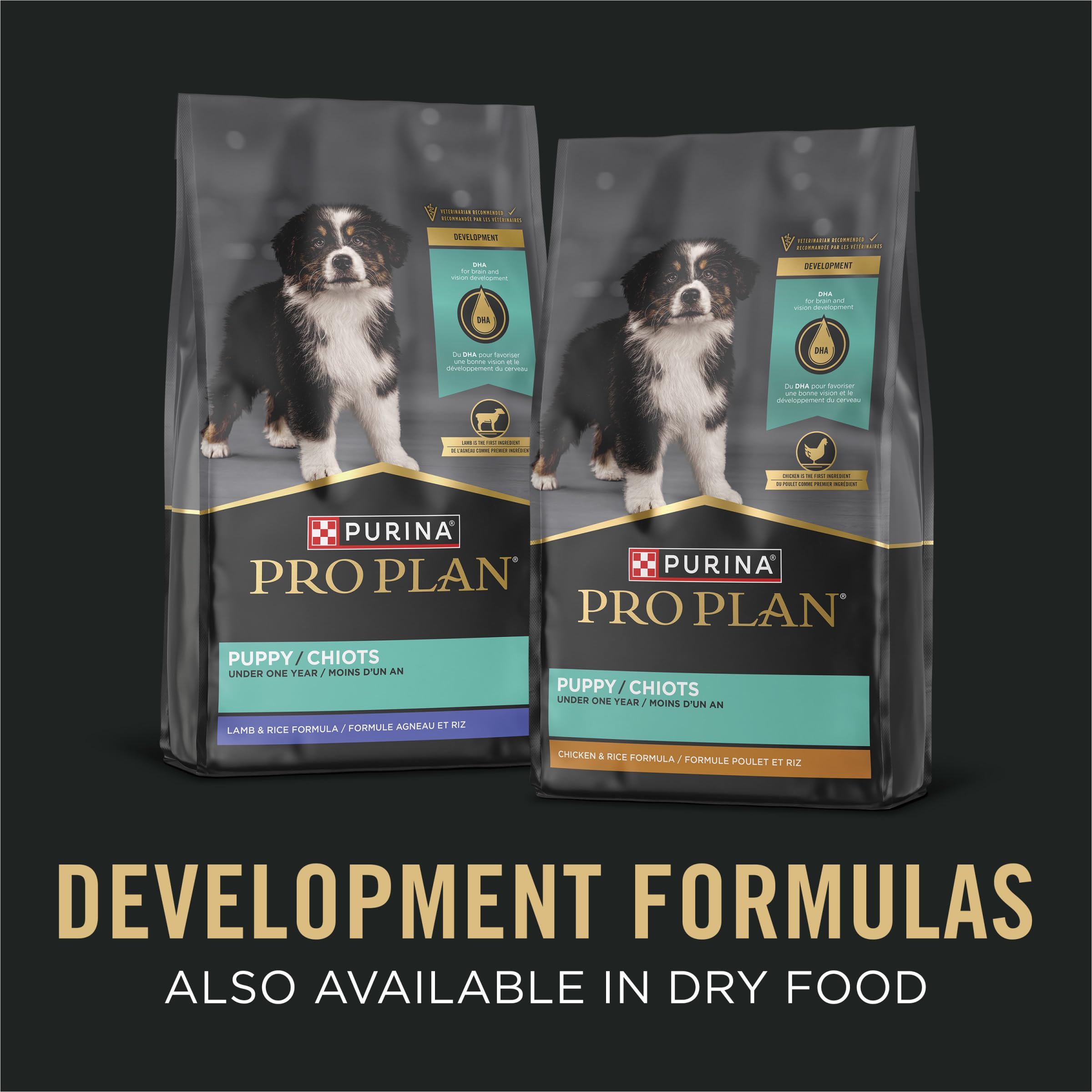 Purina Pro Plan mention DHA en gros plan, souligne le soutien pour cerveau et vision
