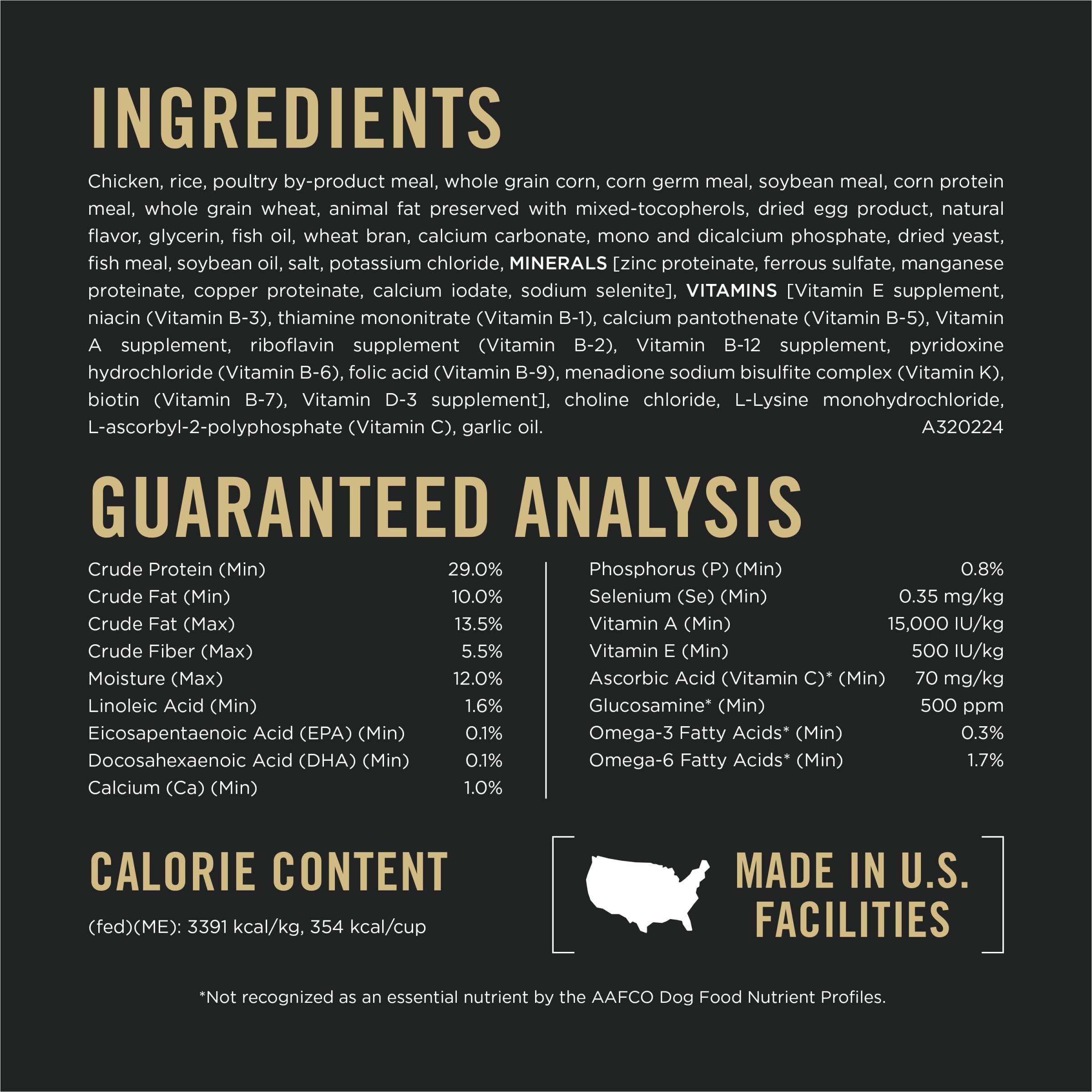 Purina Pro Plan étiquette nutritionnelle mettant en valeur ingrédients clés