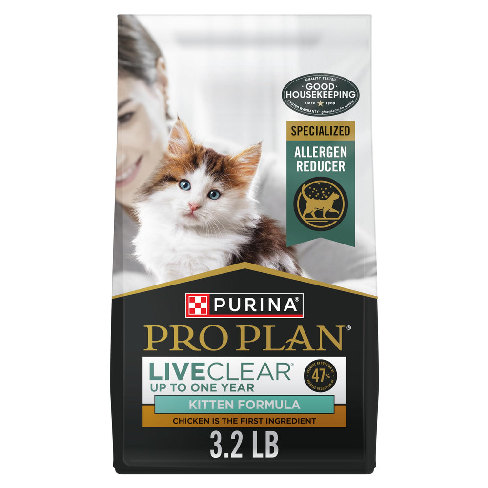 Purina Pro Plan emballage avant montrant la formule LiveClear et bénéfice allergène réduit