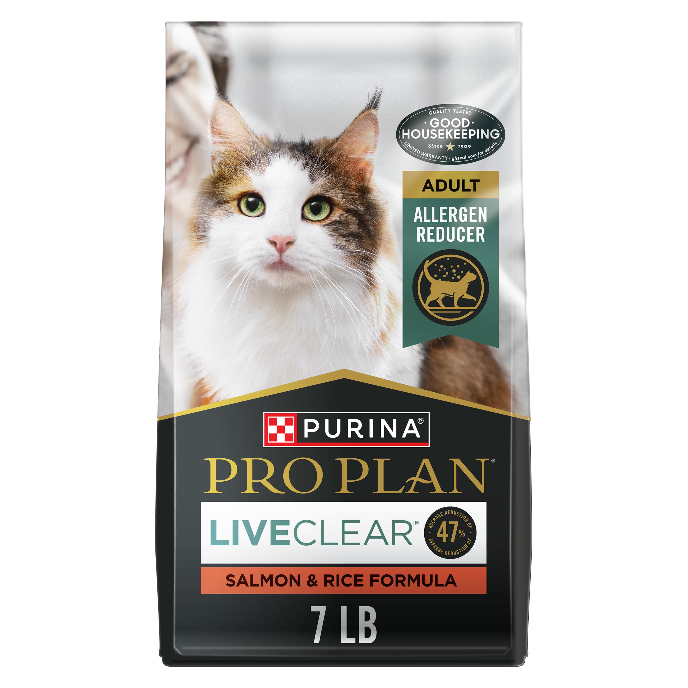 Purina Pro Plan LIVECLEAR emballage frontal montrant le produit et bénéfice réduction d'allergènes