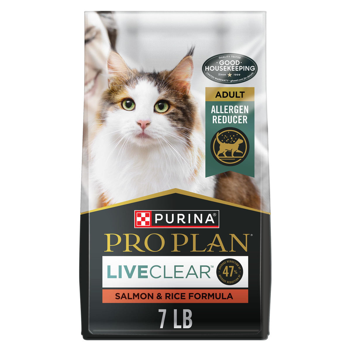 Purina Pro Plan LIVECLEAR emballage frontal montrant le produit et bénéfice réduction d'allergènes