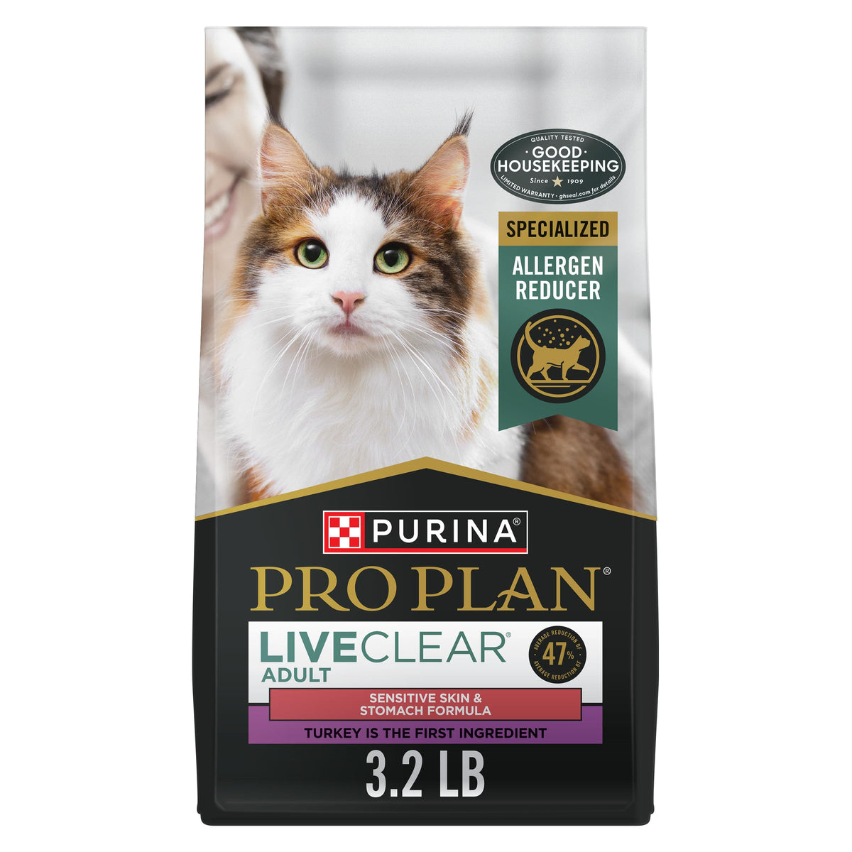 Purina Pro Plan sac avant montrant la marque et bénéfice réduction allergènes