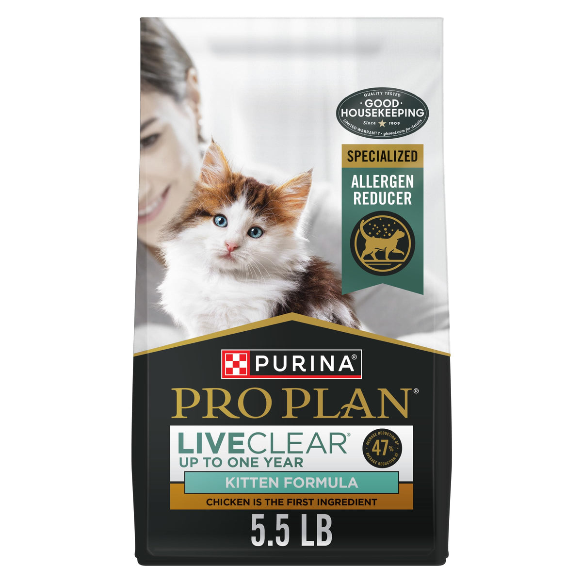 Purina Pro Plan LiveClear sac avant montrant la recette poulet et riz et bénéfice allergènes