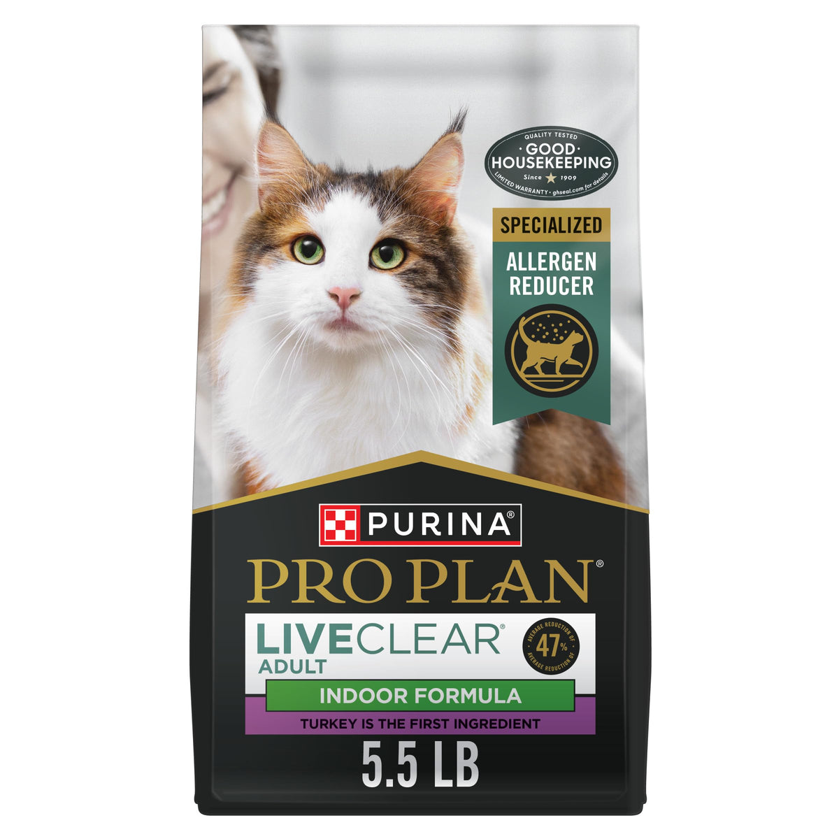 Purina Pro Plan sac face montrant la formule LiveClear pour réduire allergènes