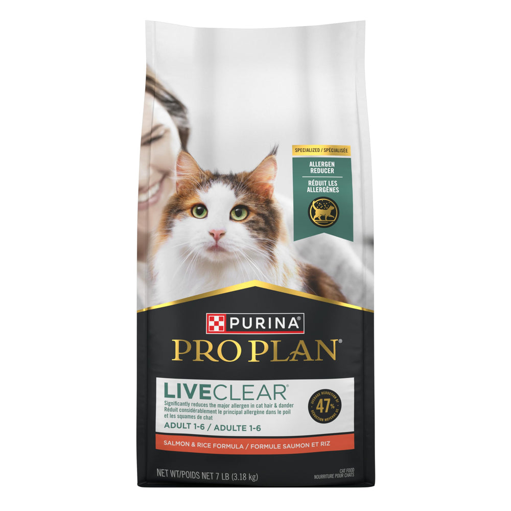 Purina Pro Plan LIVECLEAR sachet ouvert illustrant la fraîcheur et facilité de service