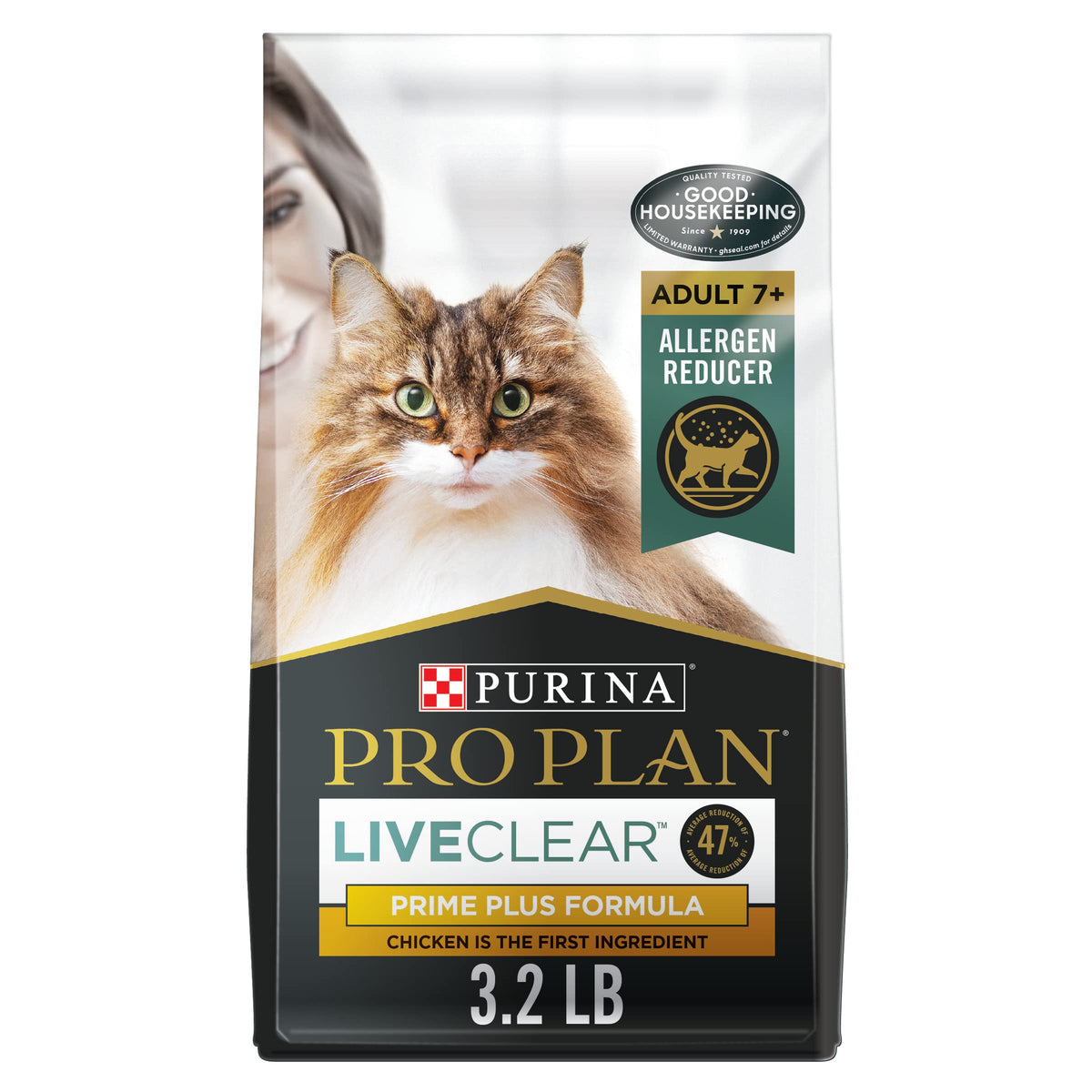 Purina Pro Plan LiveClear emballage face montrant la formule senior et bénéfice réduction d'allergène