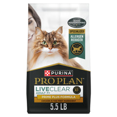Purina Pro Plan LiveClear sac avant montrant le format 5,5 lb et avantages