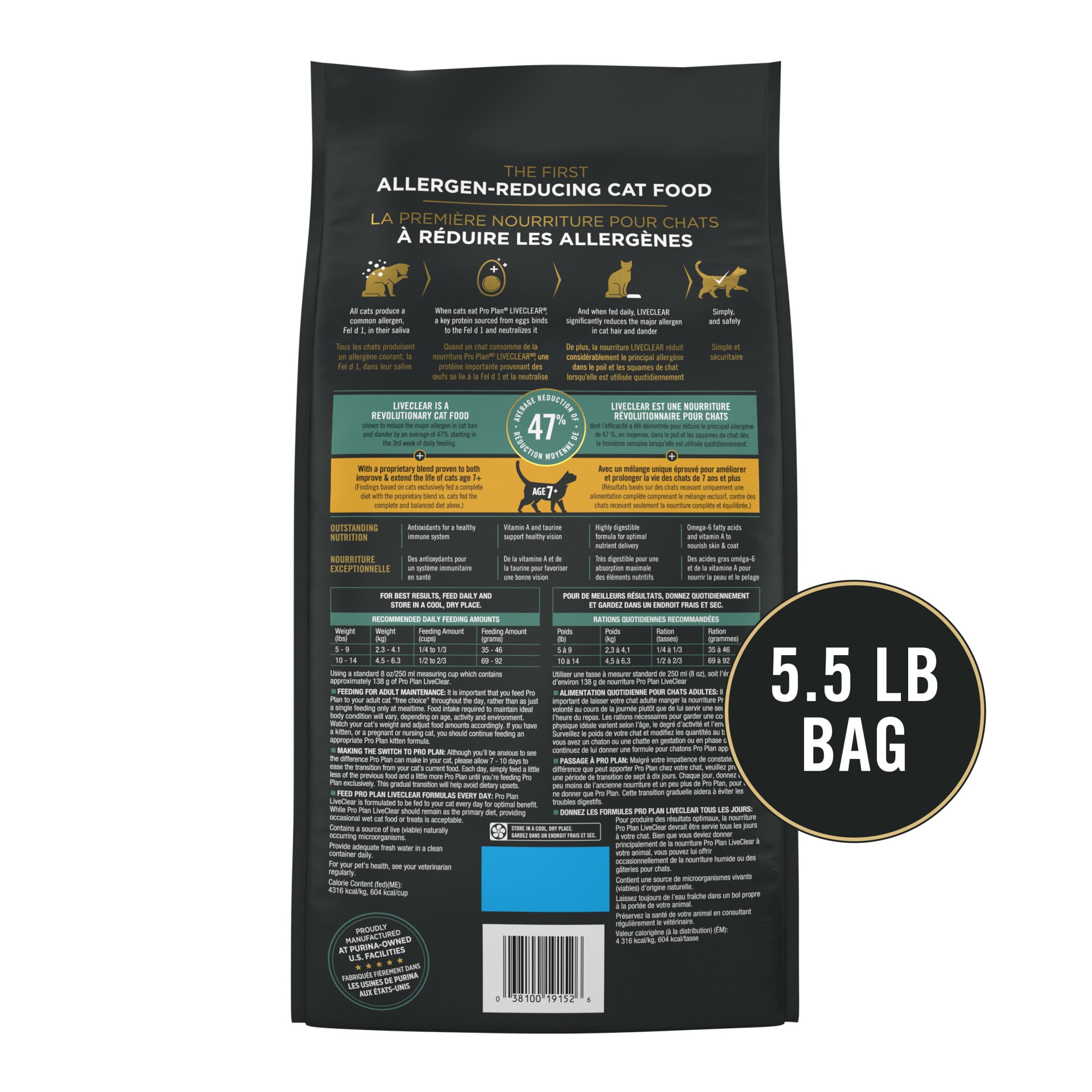 Purina Pro Plan LiveClear croquettes versées dans un bol pour portion quotidienne