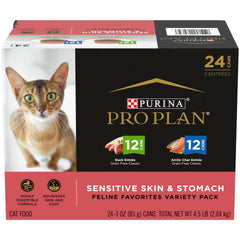 Purina Pro Plan pack 24 boîtes face avant montrant variété et praticité