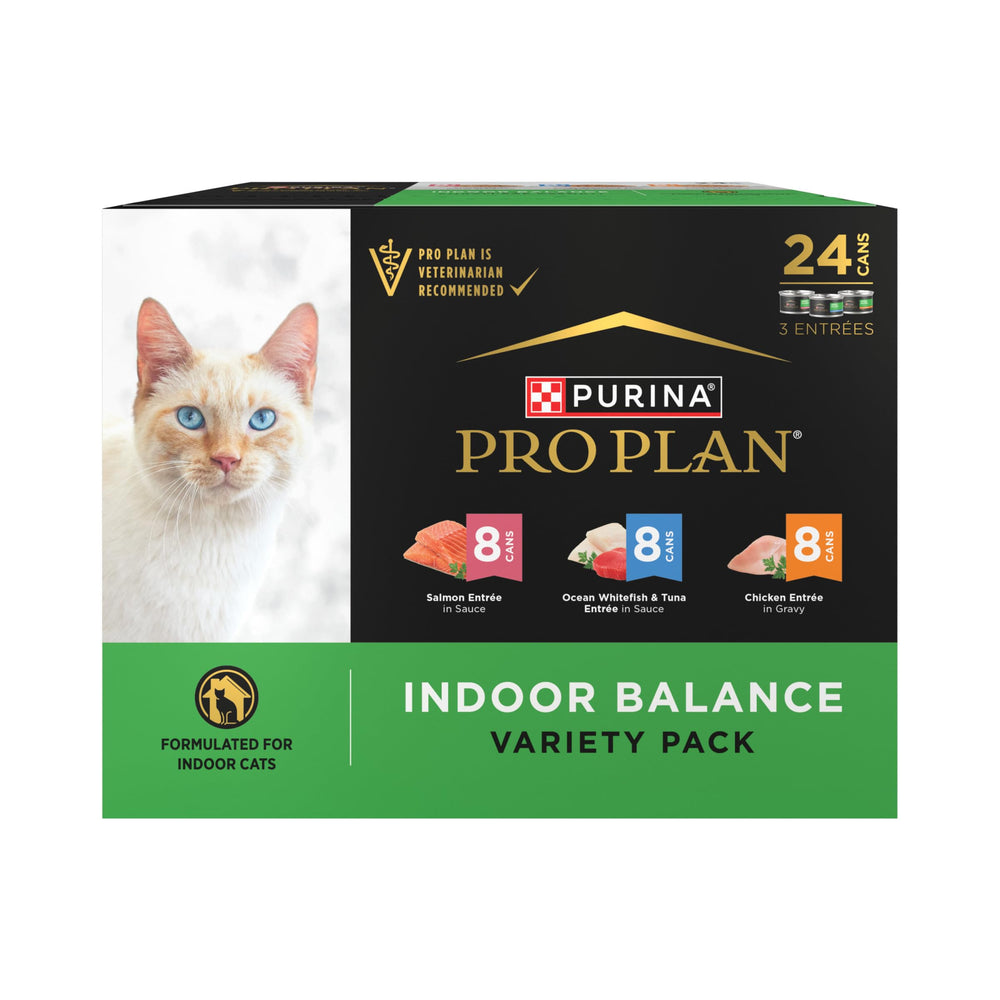 Purina Pro Plan pack face avant montrant les trois recettes et l'avantage nutritionnel
