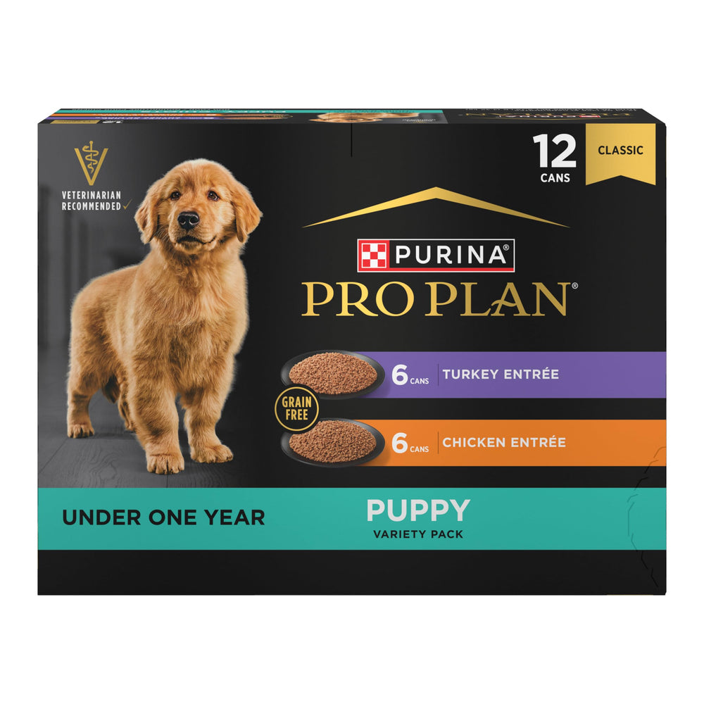 Purina Pro Plan face du pack varié montrant options poulet et dinde, rassure sur la qualité
