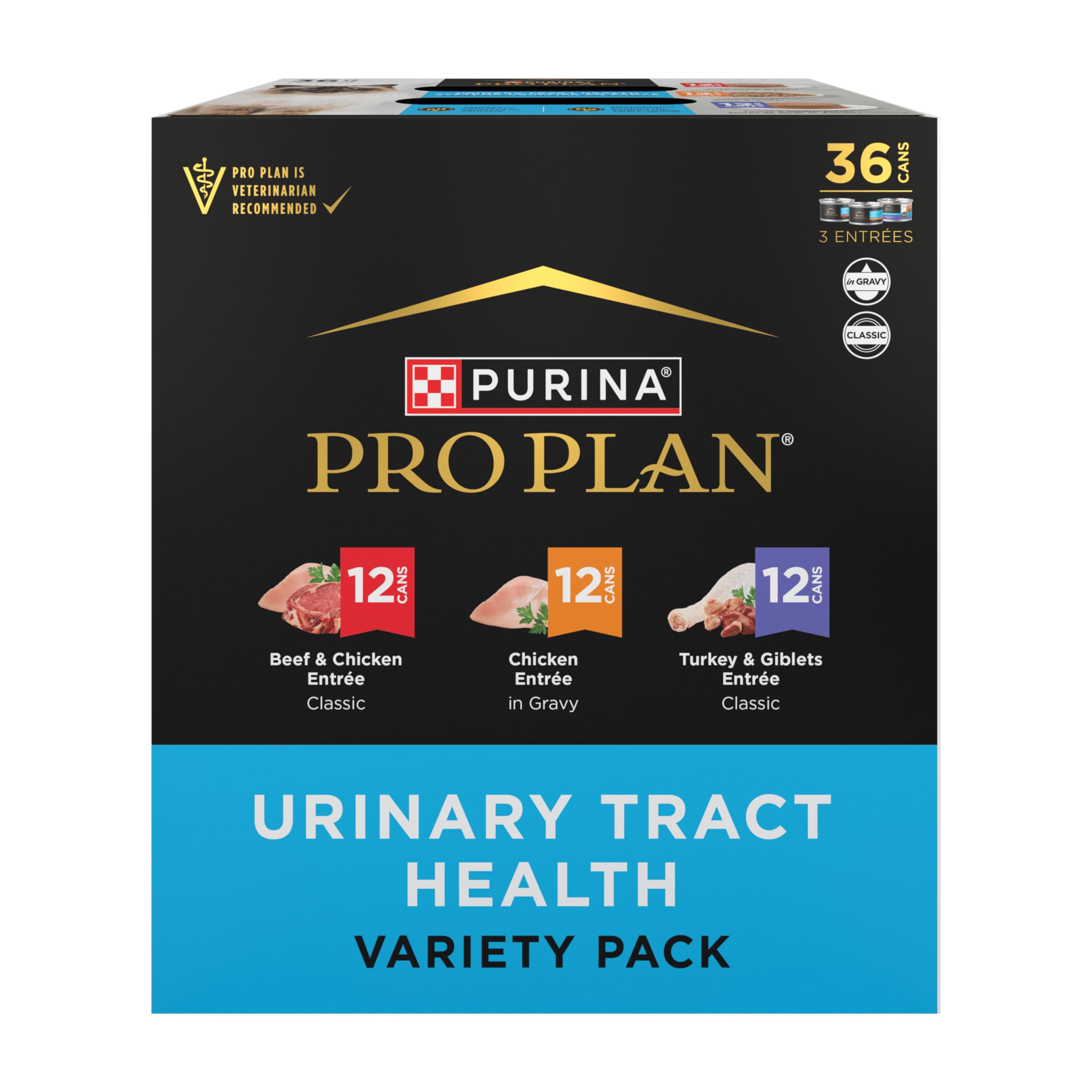 Purina Pro Plan emballage avant montrant variétés et bénéfice santé urinaire