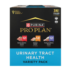 Purina Pro Plan emballage avant montrant variétés et bénéfice santé urinaire