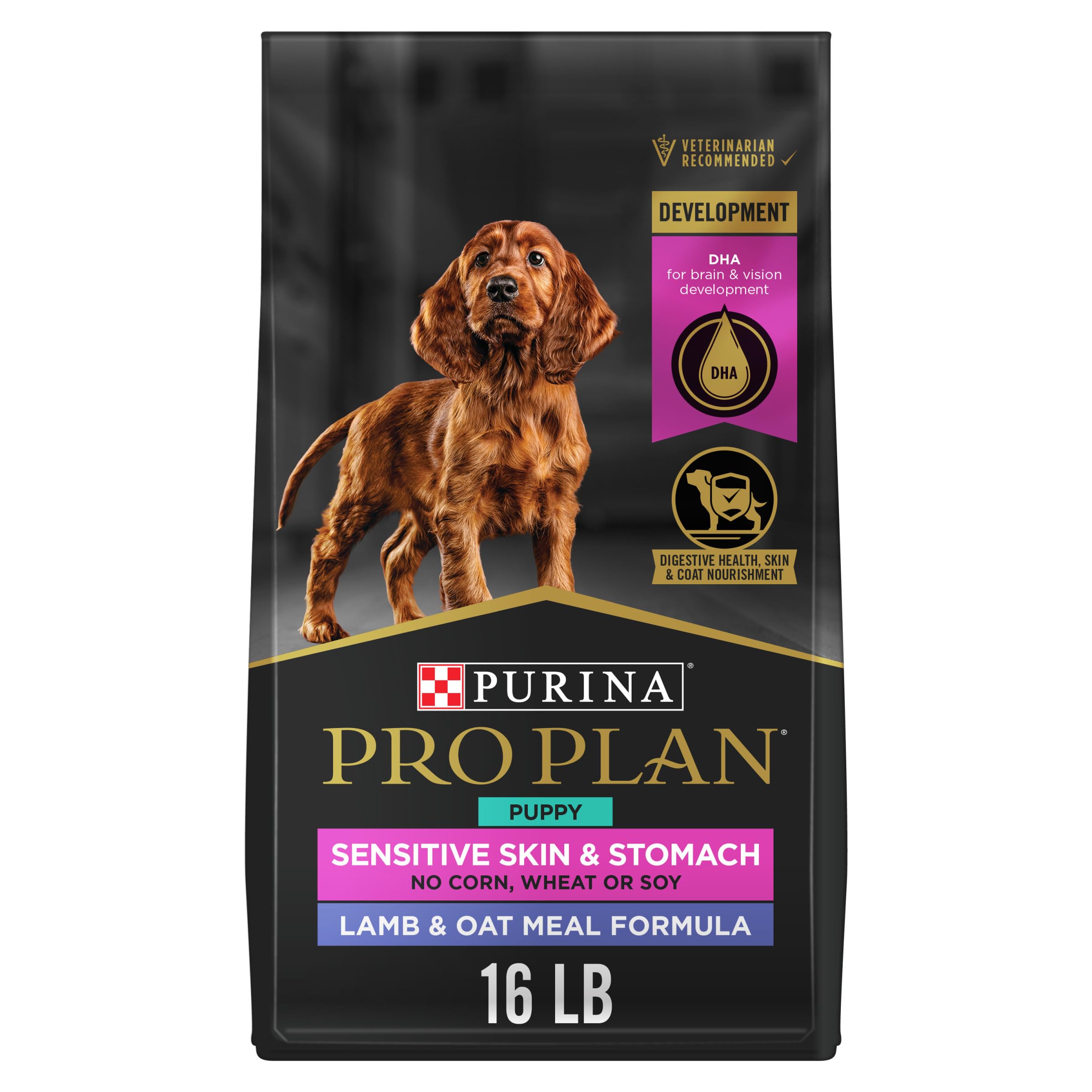 Purina Pro Plan paquet face montrant recette pour peau et estomac sensibles