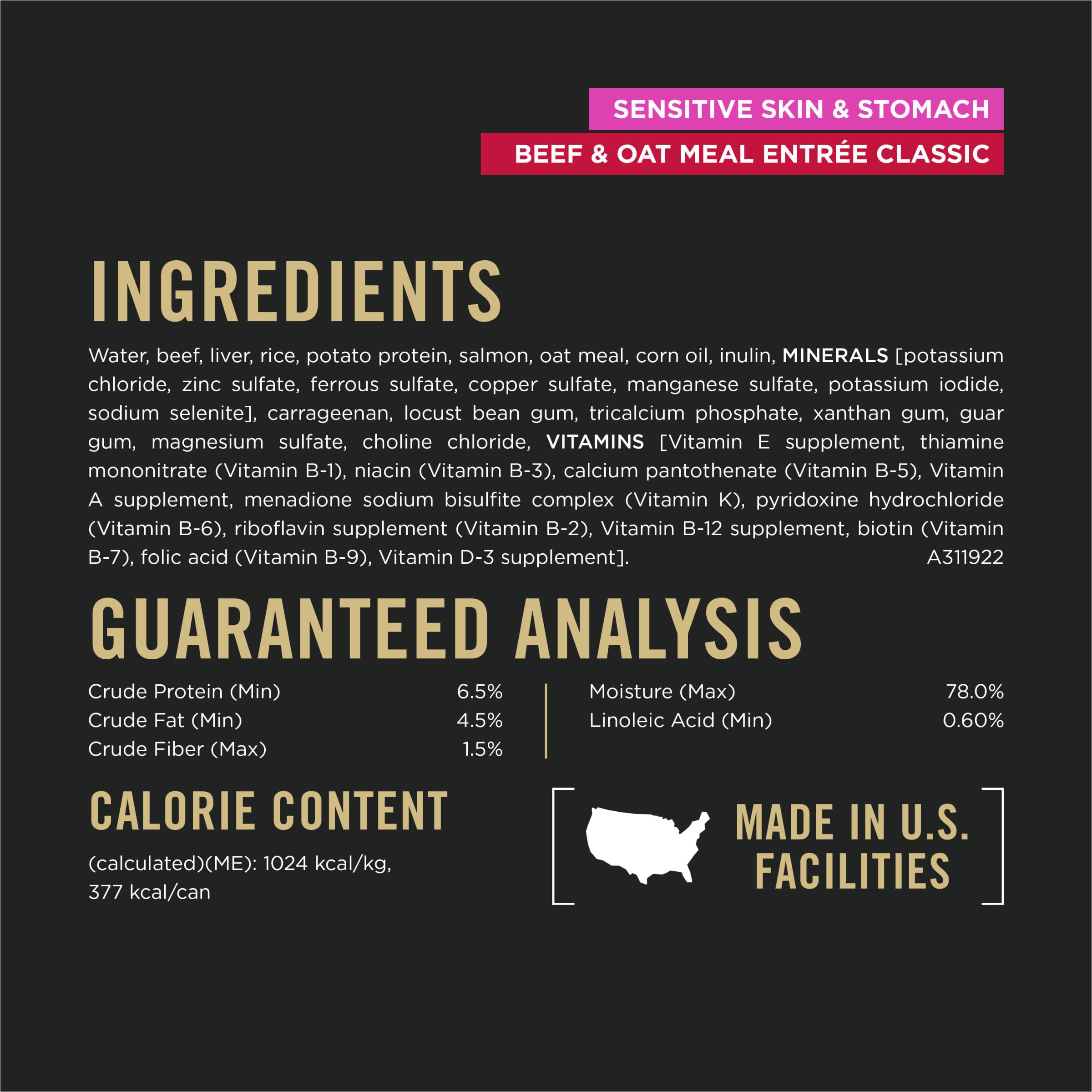 Purina Pro Plan étiquette d'information avec ingrédients et bénéfices clairs