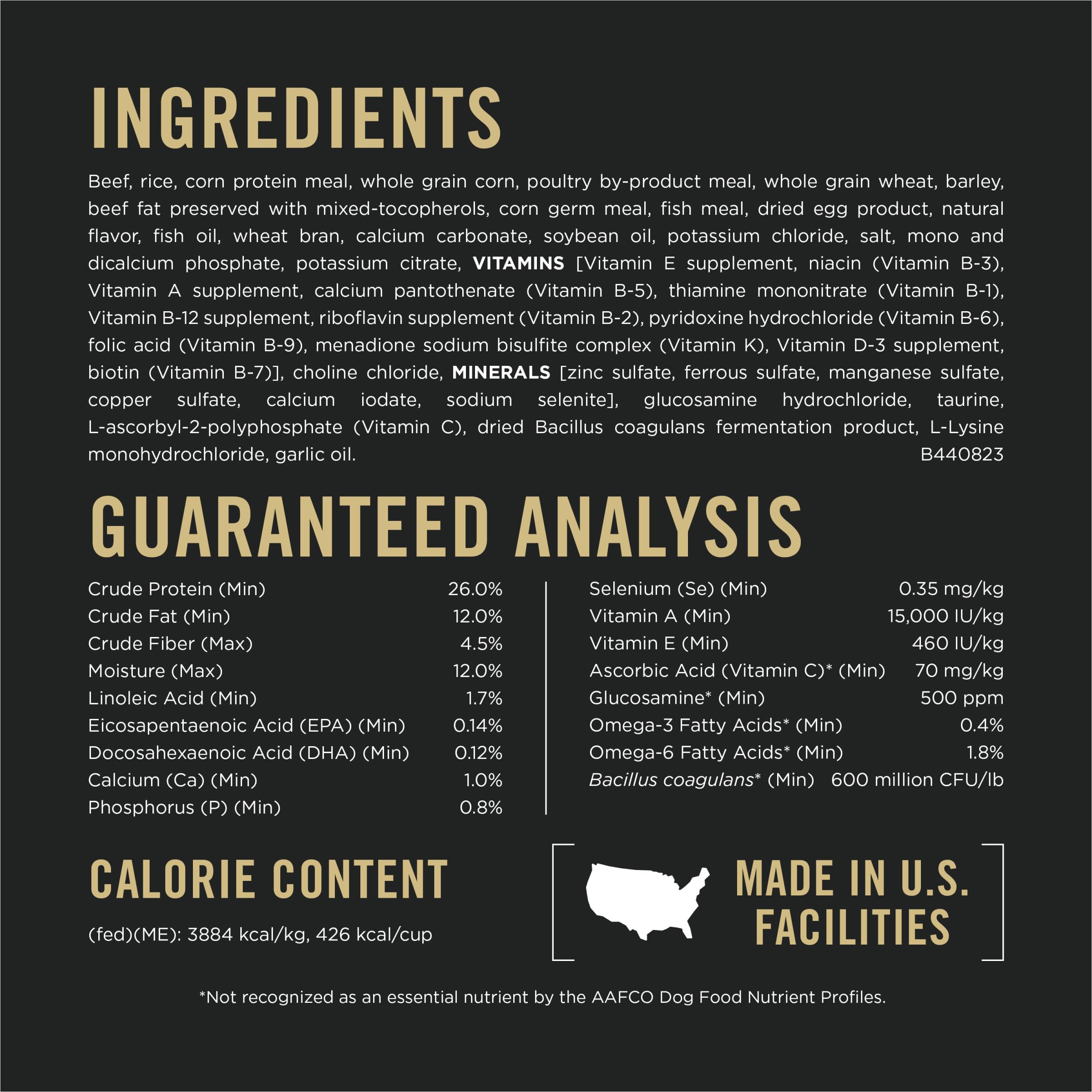 Purina Pro Plan étiquette côté avec informations nutritionnelles claires