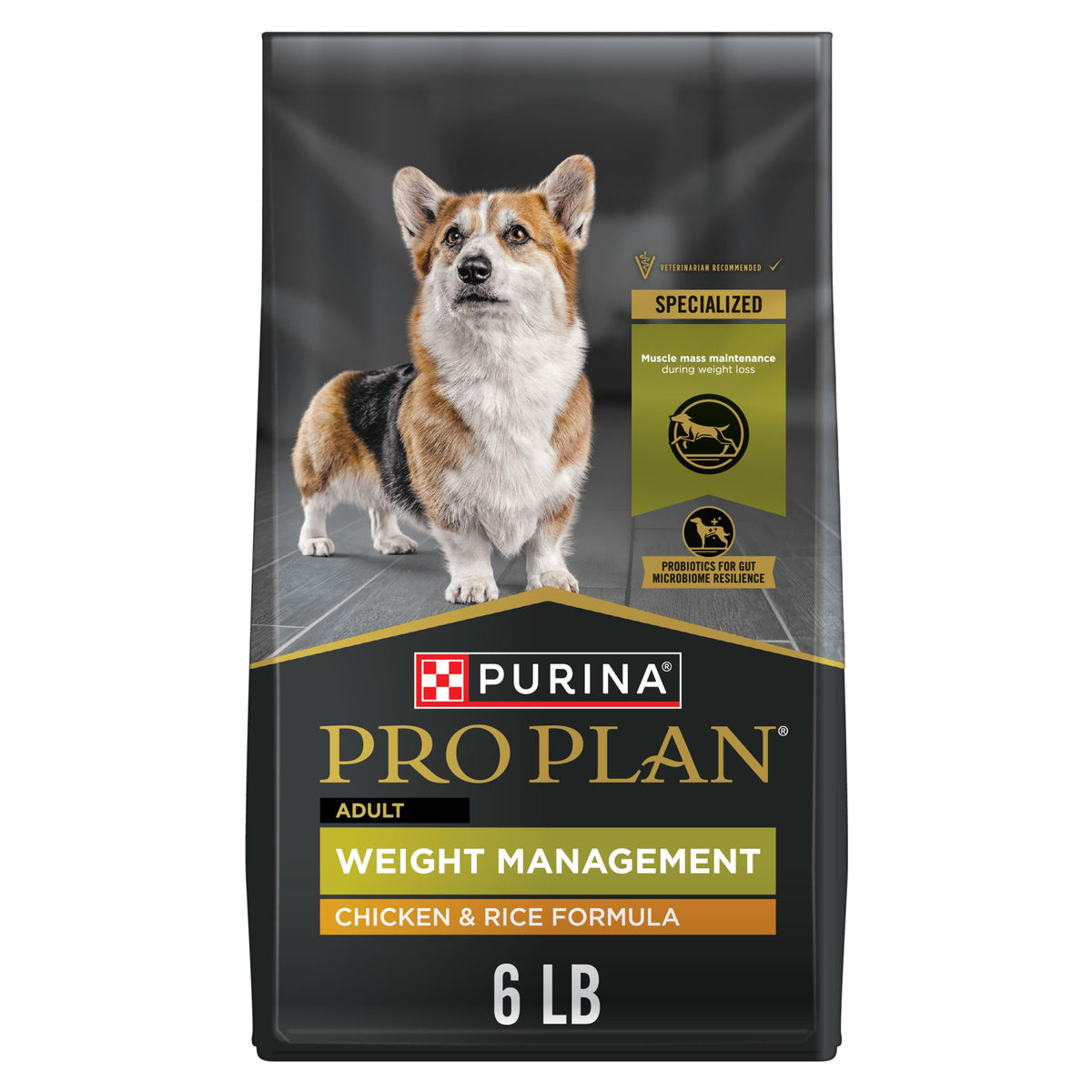 Purina Pro Plan sac face montrant l'emballage et bénéfice gestion du poids