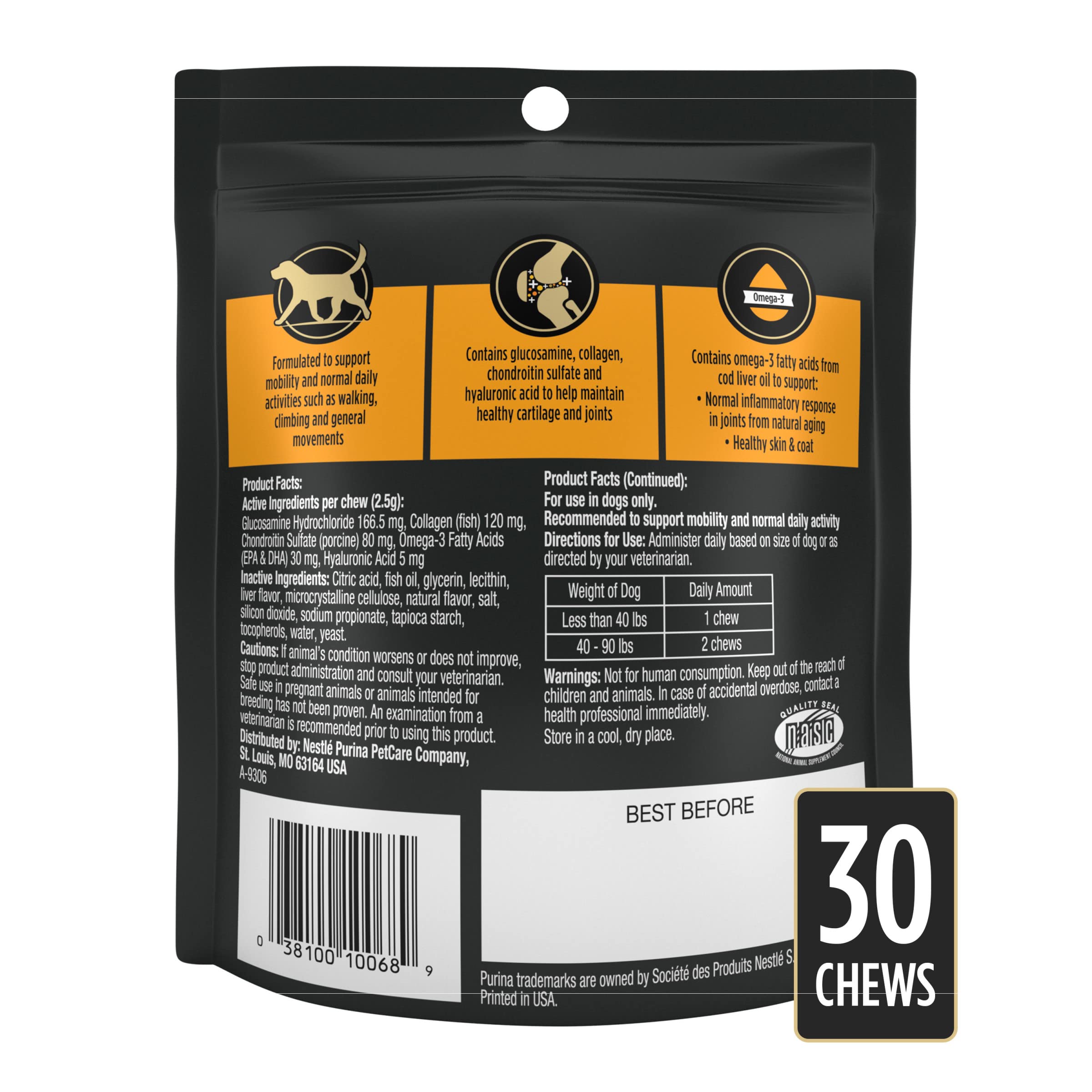 Purina Pro Plan sachet ouvert montrant 30 pastilles, rangement pratique