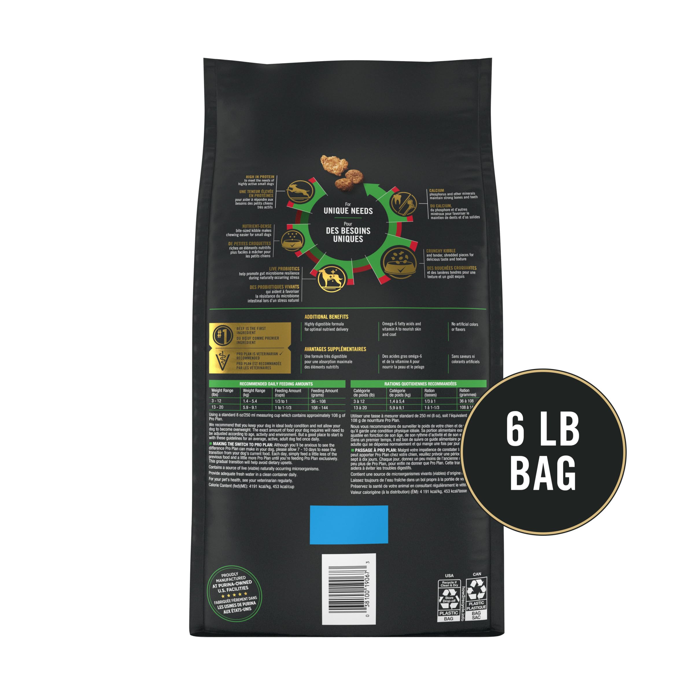 Purina Pro Plan comparatif taille kibbles contre main pour échelle visuelle