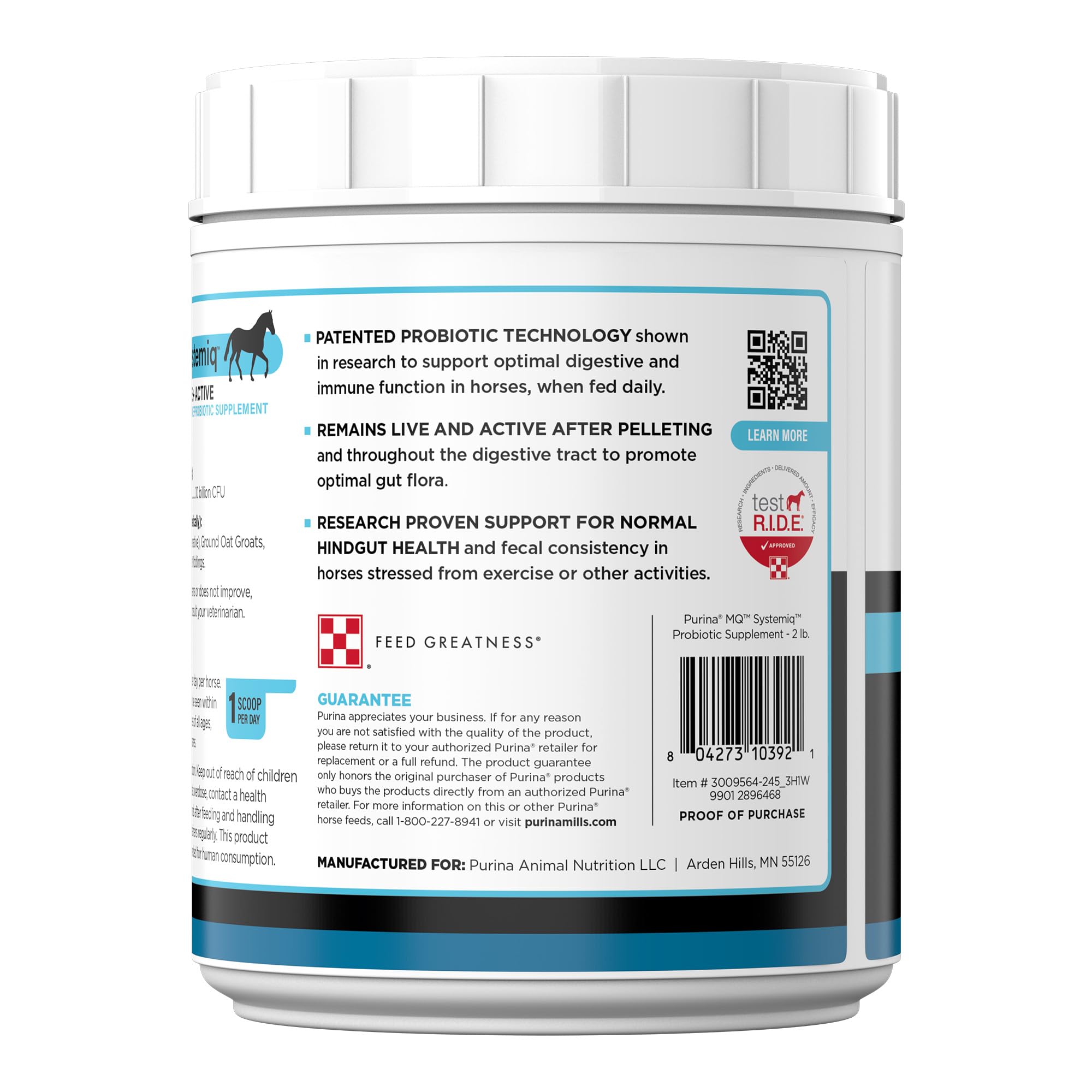 Purina Systemiq comparaison de taille du bocal près d'un cheval, indiquant quantité pratique